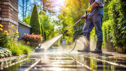 Low Angle View of a Man Power Washing a Patio, power washing, patio cleaning, outdoor cleaning, pressure washing