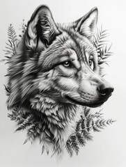Fototapeta premium Detailed Black and White Wolf Portrait with Botanical Elements