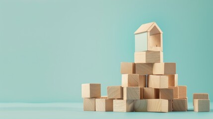 Obraz premium Tiny home and wooden blocks on pale blue backdrop