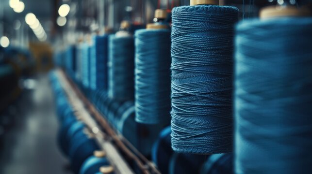 Spools of blue textile yarn on an industrial weaving machine