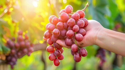 Grape grower. A farmer inspects a crop of ripe grapes in a vineyar. Illustration for cover, card, postcard, interior design, banner, poster, brochure or presentation.