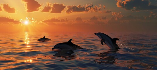 Fototapeta premium Majestic Ocean Sunset with Playful Dolphins Silhouetted Against Vibrant Sky