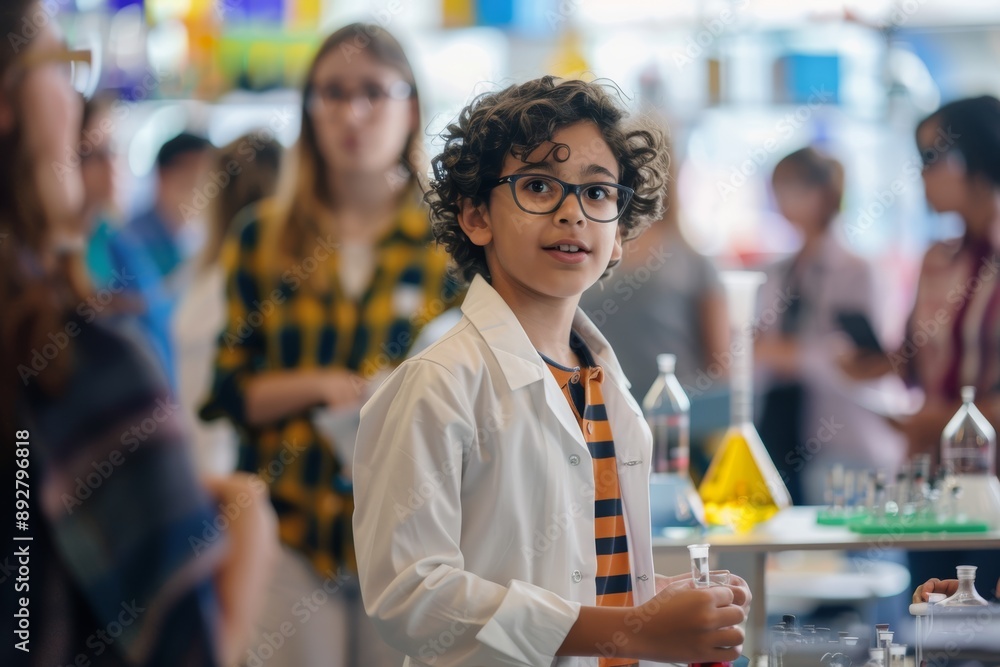 Aufkleber young science prodigy presents innovative experiment at enthusiastic science fair event