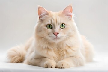 Cream-colored cat sitting in a regal pose with a white background, highlighting its soft fur and bright eyes.