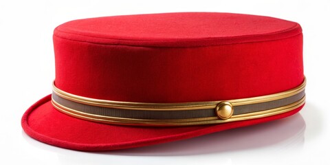 Red and Gold Bellhop Hat on White Background, hat , bellhop , uniform , service