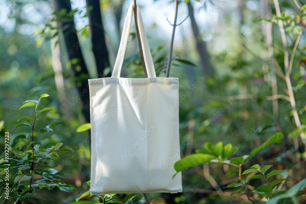 Wall mural blank white tote bag mockup on green natural background