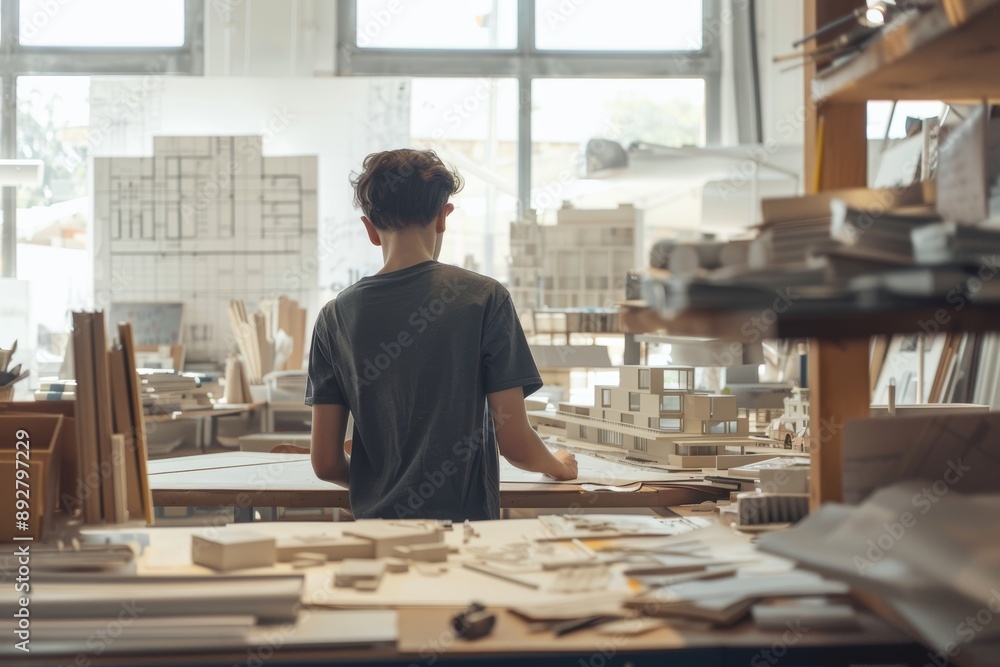 Poster young architect sketching building design in a well-lit studio with models and plans