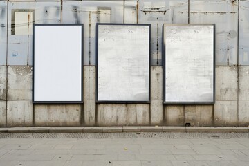 Blank three white billboards on concrete wall. Performance and presentation concept. Mock up