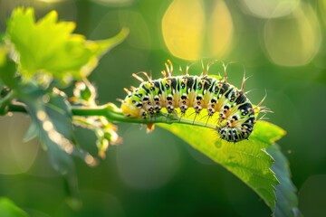 Naklejka premium Blurred green background with a caterpillar hanging on a vine, a common fruit-piercing moth in its natural habitat
