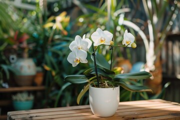 Caring for a houseplant, an orchid in a backyard flower pot