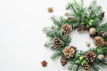 Christmas composition. Christmas wreath on white background. Flat lay, top view, copy space