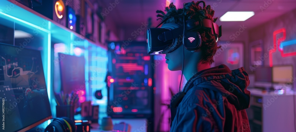 Poster young prodigy developing virtual reality project in neon-lit high-tech workspace