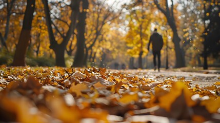Abstract autumn nature background, with leaves, glowing sun and warm seasonal colors