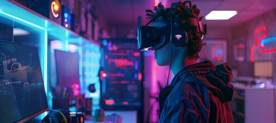 Fototapeta premium Young Prodigy Developing Virtual Reality Project in Neon-Lit High-Tech Workspace