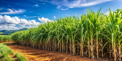 Sugarcane Field Under Blue Sky with Fluffy Clouds, agriculture , sugarcane , crop , field