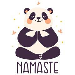 Cute panda sitting in lotus pose and meditating. flat vector illustration in kids style, inscription Namaste. Vector illustration