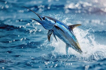 Obraz premium Close up marlin jumping from the water, its bill and fins shining in the light