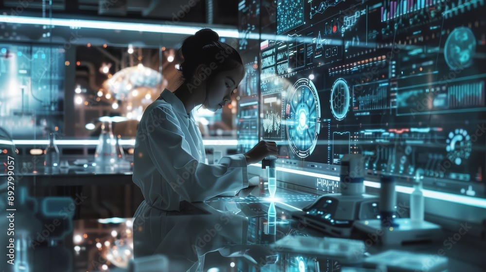 Poster young science prodigy analyzing holographic data in high-tech laboratory setting for research purpos