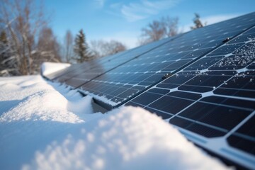 Close up solar panel in winter sunny day Snow-covered rooftop