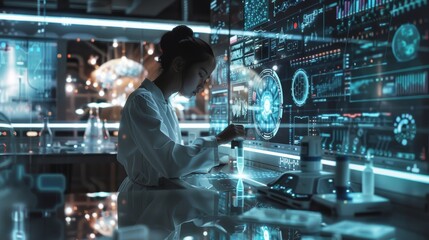 Young Science Prodigy Analyzing Holographic Data in High-Tech Laboratory Setting for Research Purposes