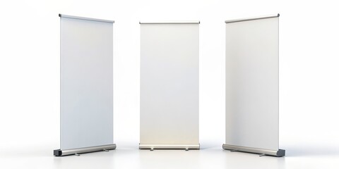 Three Blank Roll Up Banners, 3D Rendering , White Background, Mockup, Presentation, roll up banner, advertising