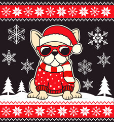 christmas card with dog in santa claus hat - Print, sticker, poster