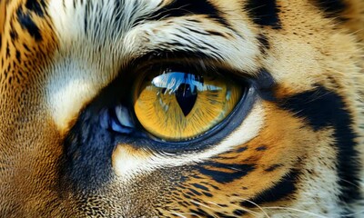 A close up of a tiger's eye with a yellowish tint. The eye is surrounded by a brownish fur