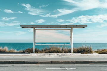 Coastal bus stop billboard mockup at daytime