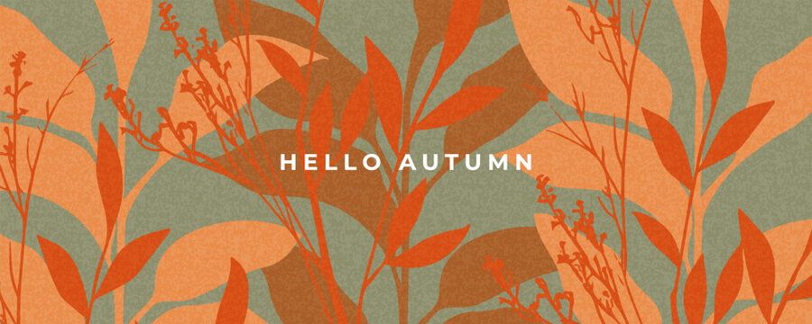 Trendy modern art style abstract autumn poster or cover with bright beautiful leaves and plants. Fall background, web banner, or flyer design. Template for advertising, print, packaging, social media