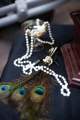 beautiful decorations and various decor in retro style near the gramophone