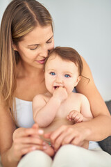 Mother, hug and portrait of baby in home for comfort, care and support for growth and relax or kid. Development, hands and family in house or lounge for love, child and together for trust in morning