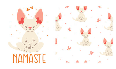 Vector set for product print, print and seamless pattern. Cute sphinx cat sitting in lotus pose and meditating, butterflies. Seamless vector pattern . Vector illustration