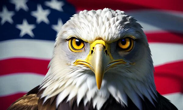 A bald eagle is staring at the camera with its beak open. The eagle is in front of an American flag