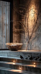 14 Birds nest on the right side in a minimal outdoor space, with soft lighting creating a calm atmosphere