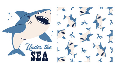 Vector set for product print, print and seamless pattern. Cute shark and lettering. Seamless vector pattern . Vector illustration
