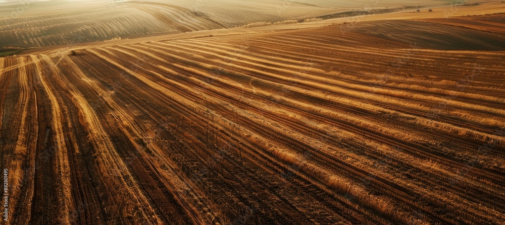 Poster aerial view of agricultural fields with minimal tillage patterns at sunset for environmental design