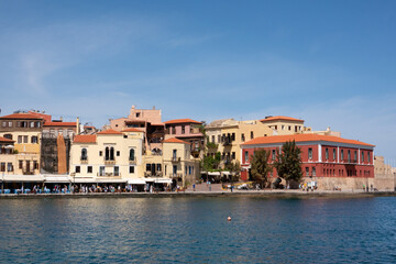 View over Rethymno harbour on the old Venetian city, lots of terraces near the water