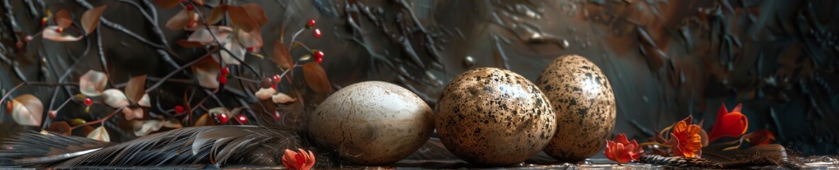 Obraz premium 13 Dinosaur eggs on a classic desk with feathers and flowers, creating a beautiful presentation