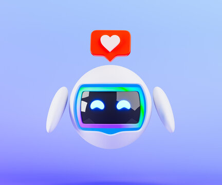 Cute 3d robot holding bubble heart icon isolated over purple background. Friendly cute cartoon robot - 3d render. Customer support chatbot, online consultant, assistant. Technology concept. 3D Robotic