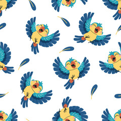 Fototapeta premium Seamless vector pattern. Cute happy parrot and feathers on white background. Vector illustration