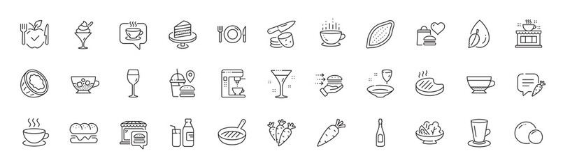 Cocoa nut, Food market and Plate line icons. Pack of Coffee cup, Vegetarian food, Coffee icon. Carrots, Cake, Carrot pictogram. Coconut, Milk, Potato chips. Teacup, Water drop, Chat bubble. Vector