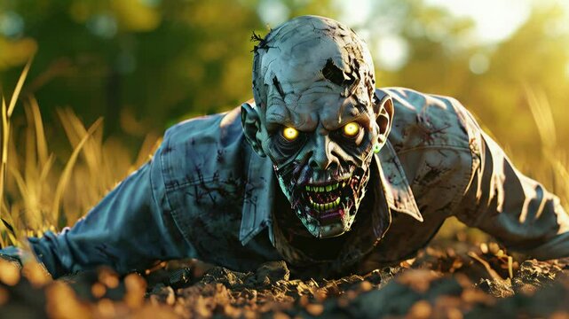 A scary zombie with wild eyes crawls out of the ground