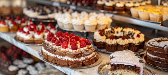 Elegant Dessert Display at Gourmet Bakery Featuring Cakes, Tarts, and Pastries for Bakery Designs