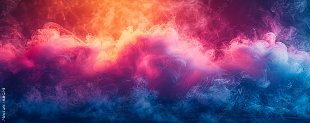Poster vibrant abstract smoke swirls on dark background with multicolored hues and ethereal glowing effect,