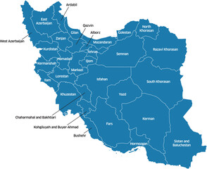 Colorful editable vector political map of Iran, showing its various provinces. Each province is labeled with its name.