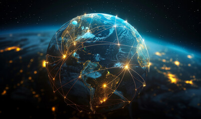 Glowing Earth with Yellow Network Connecting Cities Space Technology Illustration, Global Connectivity Night Sky Concept