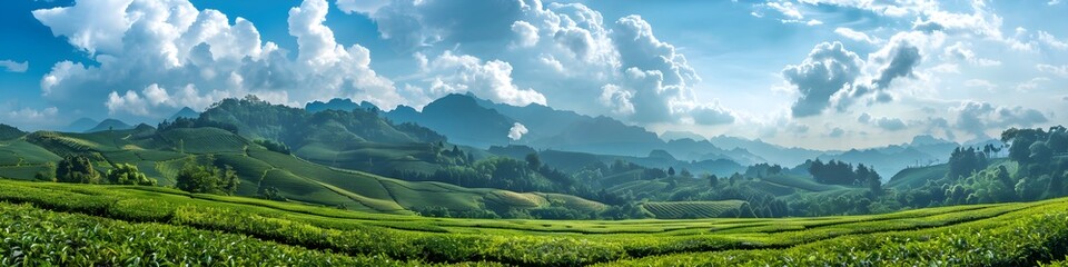 Obraz premium Beautiful tea garden landscape in Guangxi Province with fluffy white clouds
