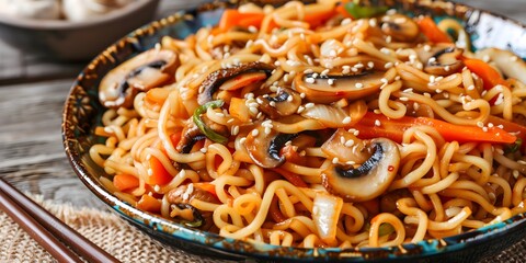 Stir-fried large noodles with soy sauce, mushrooms, and carrots