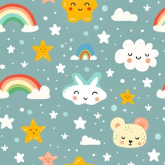 Cute clouds stars and rainbows, seamless pattern. Cartoon tileble kids illustration