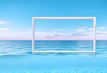 A large white square frame partially submerged in calm, turquoise tropical water, with a clear blue sky and soft clouds in the background